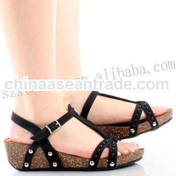 Fancy Black Studded T Strap Slingback Sandal Platform Stylish Low Wedge Heel Shoes