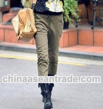 Fashion Drawstring Elastic Waist Zipper Long Pants Army Green QM12090311-1