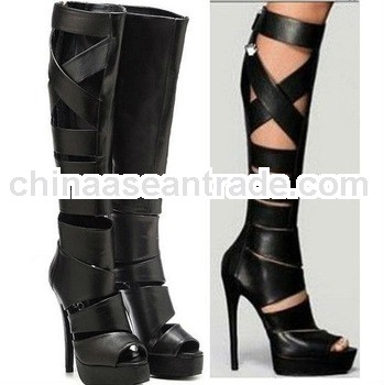 Fashion black knee boots genuine leather hollow out sexy summer boots 2013