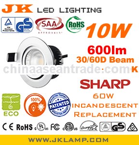 GS TUV Dimmable sharp COB Downlight 10W 600lm 3000K 30D 1700cd CRI 80+, Reflector Style