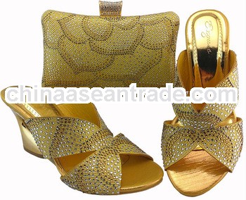Gold Italy crystal high heel shoes with matching enenving bag,crystal shoes
