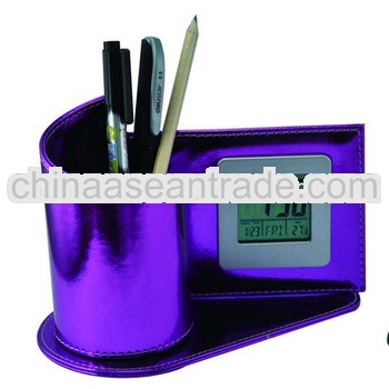 Home Decorative Genuine Leather Pen Holder With Clock