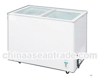 Horizontal glass commercial side by side refrigerator freezer