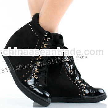 Hot style black suede&patent leather women ankle snow boots lace up wedge boots