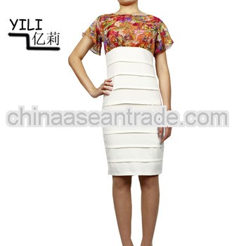 Hot summer dress design, ladies career dress with floral printing chiffon fabric short sleeve dress