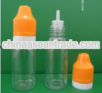 ISO9001 10ml plastic PET empty e liquid bottles with long thin tip and safety & pilfer proof cap