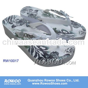 Ladies white high wedge platform sandals with printing