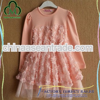 Latest design girls long dress pink rose flowes kids long sleeve dresses