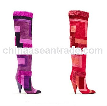 New Arrival Geometric Patchwork Fur Over Knee Real Leather Boots for Womens