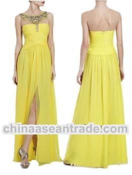 New arrival yellow ruffled sleeveless backless maxi women evening dress with sequins