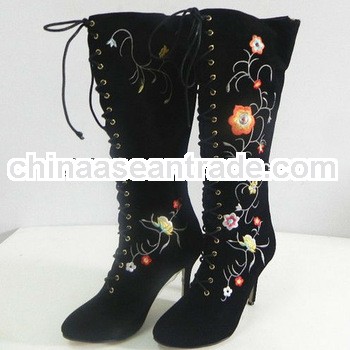 New designer women winter ebroidery knee boots lacing high heel shoes black and brown