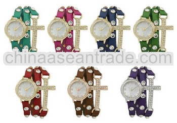 Newest Crystal Diamond Love/Cross Leather Strap Women Girl Lady Bracelet Wrist Watch