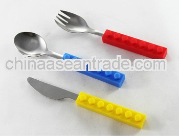 Newest Eco-friendly stack blocks silicone knife fork spoon set for children