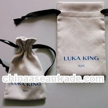 Nude color faux suede jewelry pouch with logo and drawstring for cosmetic/timepieces packaging OEM/O