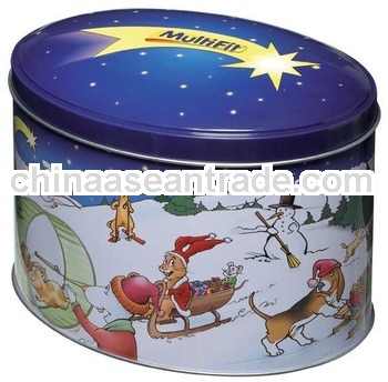Oval tin box with colorful printing