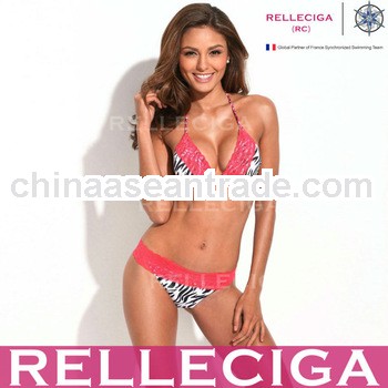 RELLECIGA Lace Bikini Series - Zebra Print + Red Lace Triangle Top with Brazilian Cut Scrunch Bottom