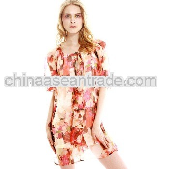 Ruffled Lapel Chiffon One-Piece Dress Autum Red