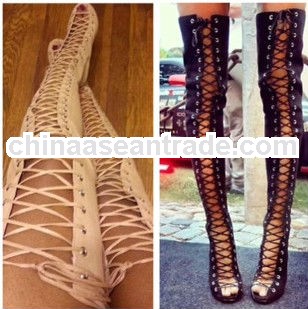 SEXY Lady Lace-Up Bandage Thigh High Boots Suede Leather Boots Top Qaultiy Real Pictures