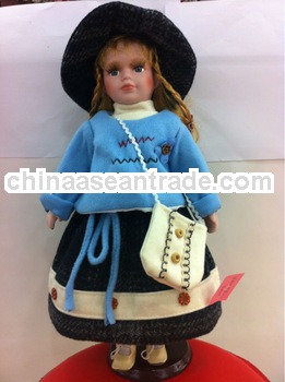 Standing Leisure Porcelain 16 Inches Dolls with Grey Dress and Fashion Bag
