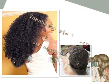 Super Charming 18" #1B Afro Kinky Curl, Bleached Knots, Peruvian virgn human hair u part wig
