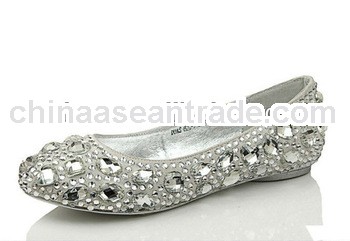 W925 top quality genuine leather us big size full rhinestones beaded flat white wedding shoes