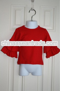 Wholesale childrens boutique clothing Fashion kids red solid color cotton long sleeves ruffles t shi