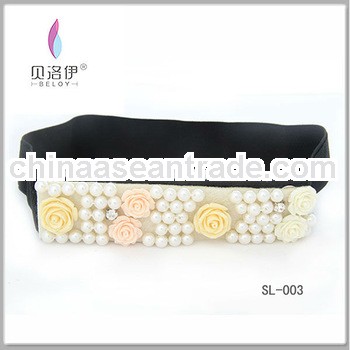 Women Black Elastic Belt With Flower bead buckle
