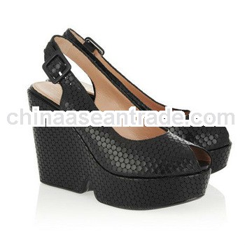 Women Black Grain Leather Slingback Sandal High Heel Peep Toe High Heel Wedge Platform Buckle Strap