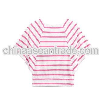Women high quality fashion design cotton pink stripe short style T shirts