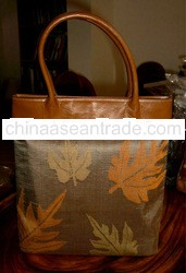 Silk and Leather Purse / Bag - Brown with Leaves