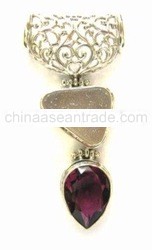925 Sterling Silver Marcasite & Pear-Shape Facet Amethyst Pendant