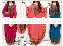 Embroidery Trim Wide Sleeve Chiffon Muslim Dress 1set/3pcs/3color