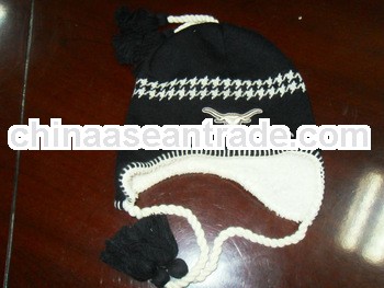 children braid jacquard knitted earflap beanie hat and caps with bull embroidery