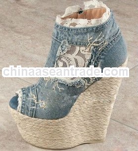 classical fashion sexy blue lace denim jean lady high heels shoes woman 2013