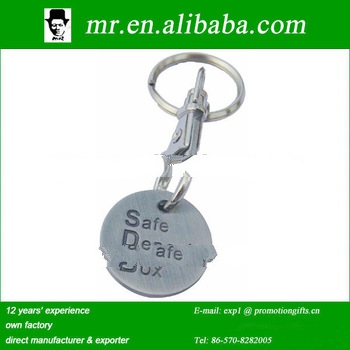 custom design embossed words alloy supermarket jeton token coin with keychain
