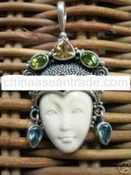 Carved Bone Goddess Pendant, Topaz, Citrine, Rhodosite Pendant