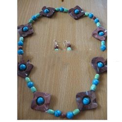 Brown Holed Stone, Blue & Green Turquoise Long Necklace And Earrings