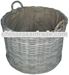 Log basket with rattan kubu grey and burlap liner