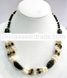 Black Onyx White Pearl 3 Strand Necklace