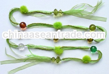 green pom-pom beaded sash organza belt