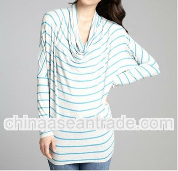 grey and blue striped cowl neck dolman top ladies long sleeve comfortable blouses