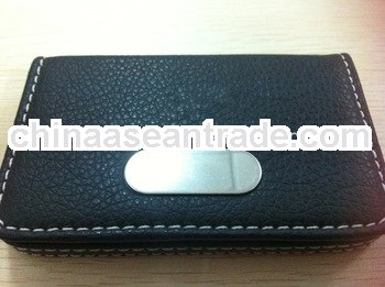 hand stitched metal & PU leather ID card holder black with metal lazer logo plate