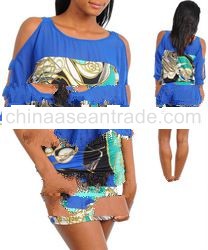 STYLE DBZ63-BLU: BLUE MIXED PRINT CUT-OUT SLEEVES DRESS