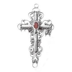 Bali Cross Design Sterling Silver Brooch w/ Garnet