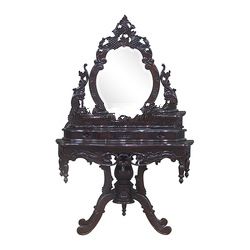 Victorian Carved Dressing Table with Mirror and Puff
