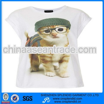 ladies' fashion t-shirts with3d cate printed on the front