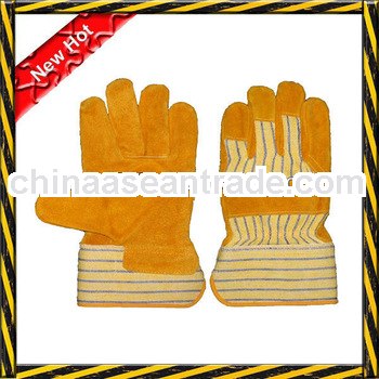 leather working gloves/yellow cow split leather working gloves with bubber cuff