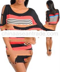 STYLE DBZ62-BLK: BLACK STRIPED CUT-OUT SLEEVES DRESS