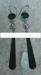 SS Earring with Green Quartz, Fresh Water Pearl & Onyx