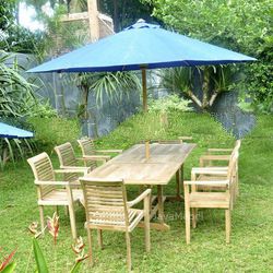 TEAK OUTDOOR FURNITURE OF STACKING SET OF 8 CHAIR, 1 RECTANGULAR EXTENDING TABLE, 1 UMBRELLA